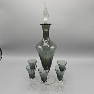 Vintage Empoli Italian Smoke Grey Decanter & Cordial Glasses Set 5 Twisted Foot